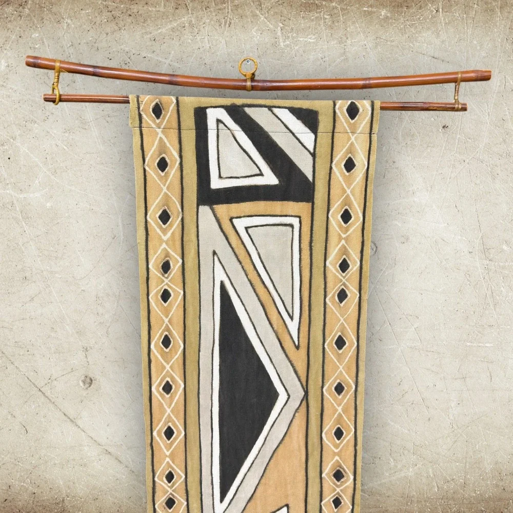 African Mud Cloth Wall Hanging Geometric Hand Painted Textile Art w/ Bamboo Rod